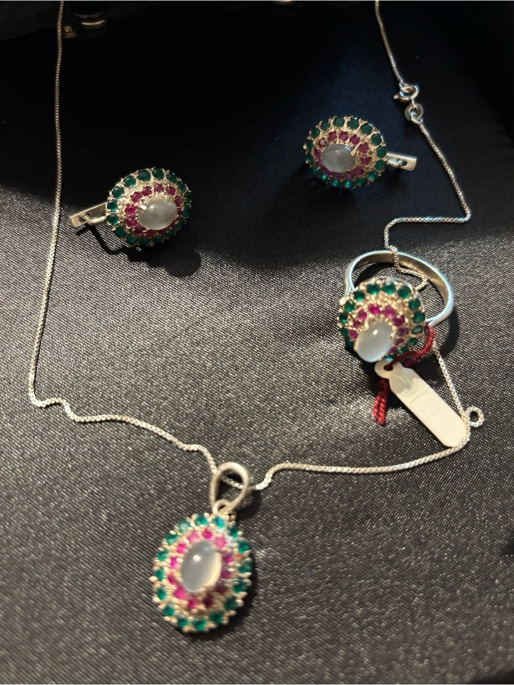 Sterling Silver Earrings in Green, Pink & White Gemstone Halo